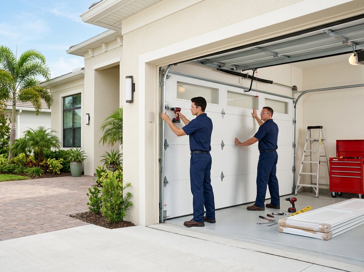 Technicians installing a residential sectional garage door